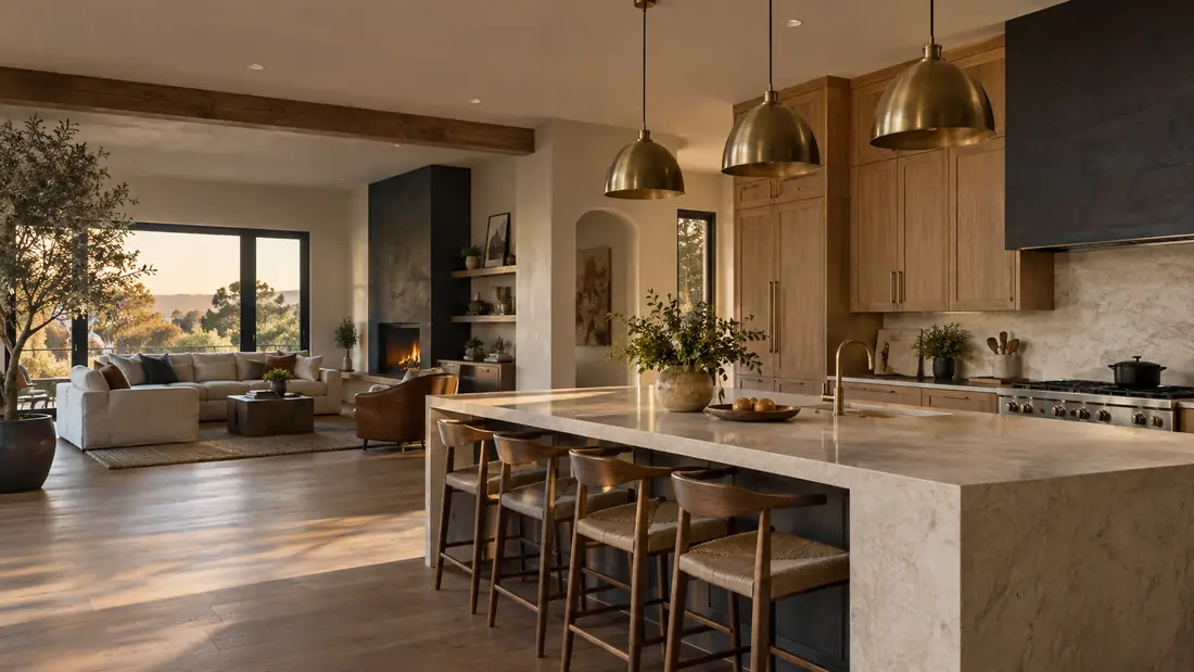 Illustrative concept of an open kitchen and living area